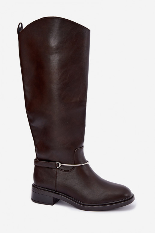 Knee-high boots with wide heels and decorative ribbons in chocolate color INillene
