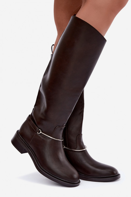 Knee-high boots with wide heels and decorative ribbons in chocolate color INillene