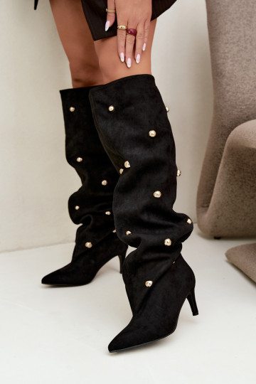 Slip-on knee-high boots with thin heels and ornate details in black color Beladine 2