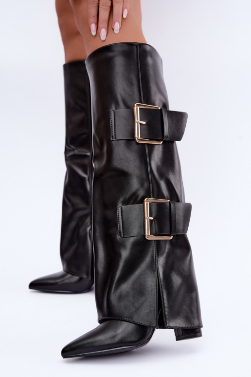 Insulated Olympe knee-high boots with gold buckles in black