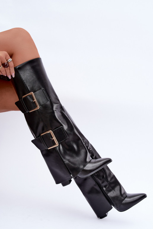 Insulated Olympe knee-high boots with gold buckles in black