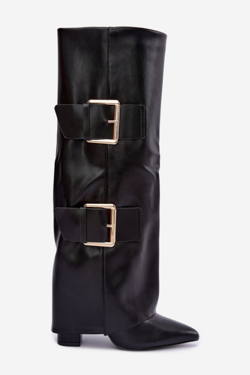 Insulated Olympe knee-high boots with gold buckles in black