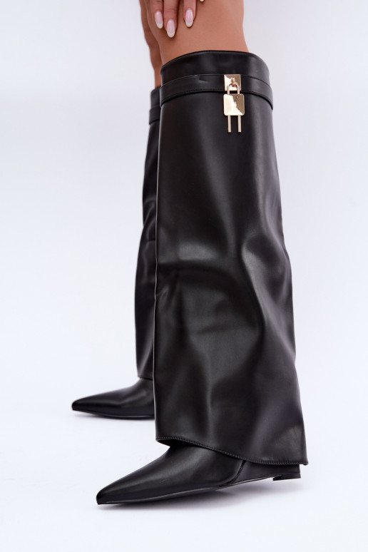Mirettea knee-high boots with platform and decorative straps in black