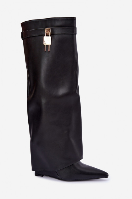Mirettea knee-high boots with platform and decorative straps in black