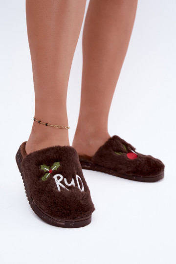 Women's home slippers with inscription dark brown Perelle 2