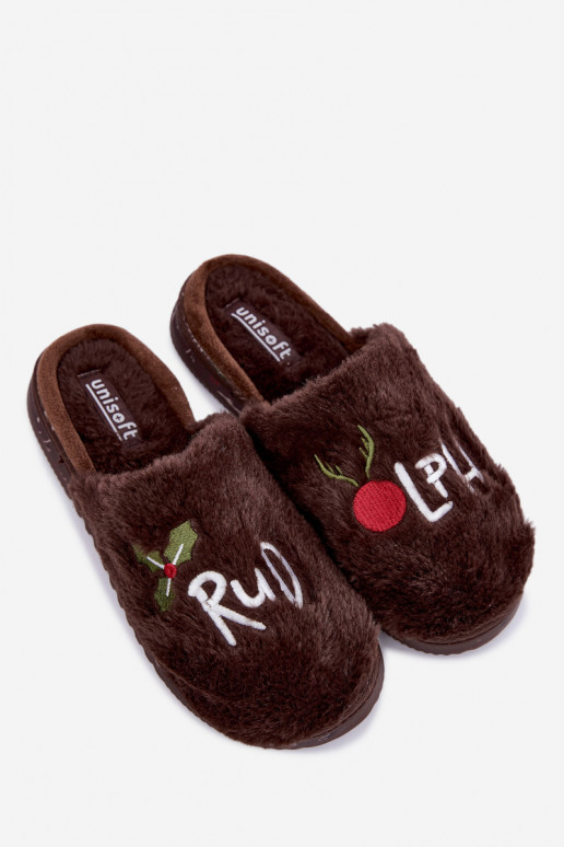 Women's home slippers with inscription dark brown Perelle