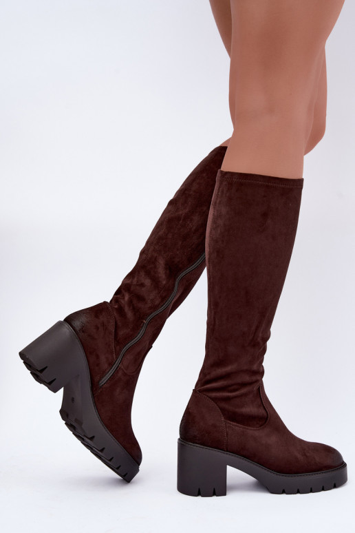 Over-the-knee boots made of faux suede with heels chocolate Vinceza 58332