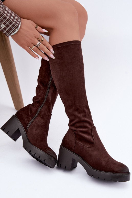 Over-the-knee boots made of faux suede with heels chocolate Vinceza 58332