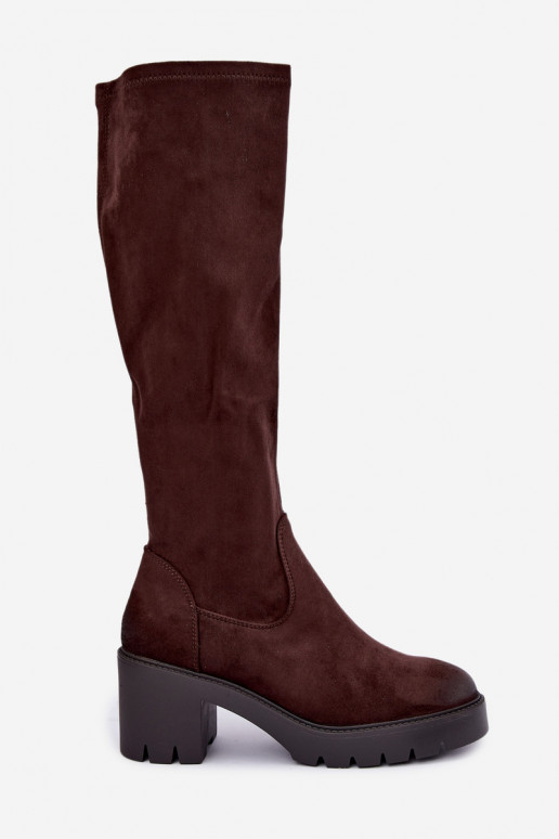 Over-the-knee boots made of faux suede with heels chocolate Vinceza 58332