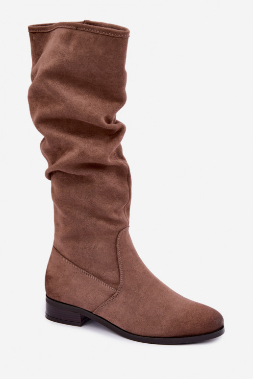 Wrinkled insulated over-the-knee boots with wide heels sand Vinceza 58669
