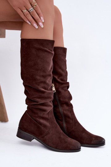 Wrinkled insulated over-the-knee boots with wide heels chocolate Vinceza 58669