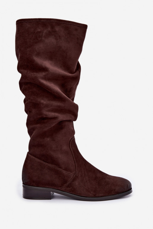 Wrinkled insulated over-the-knee boots with wide heels chocolate Vinceza 58669