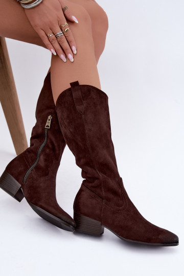 faux fur lined cowboy style long boots Vinceza 58680 in chocolate color