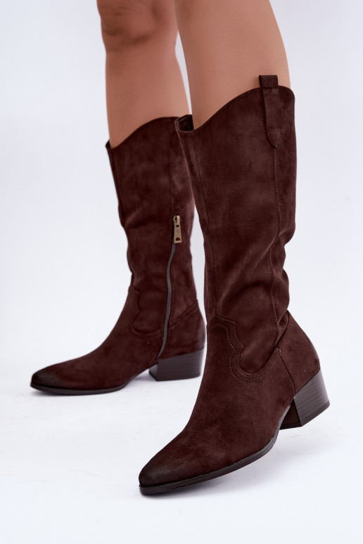 faux fur lined cowboy style long boots Vinceza 58680 in chocolate color
