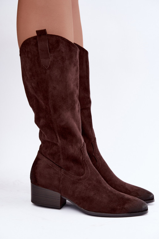 faux fur lined cowboy style long boots Vinceza 58680 in chocolate color