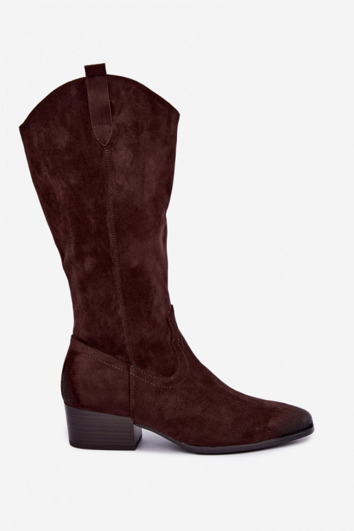 faux fur lined cowboy style long boots Vinceza 58680 in chocolate color