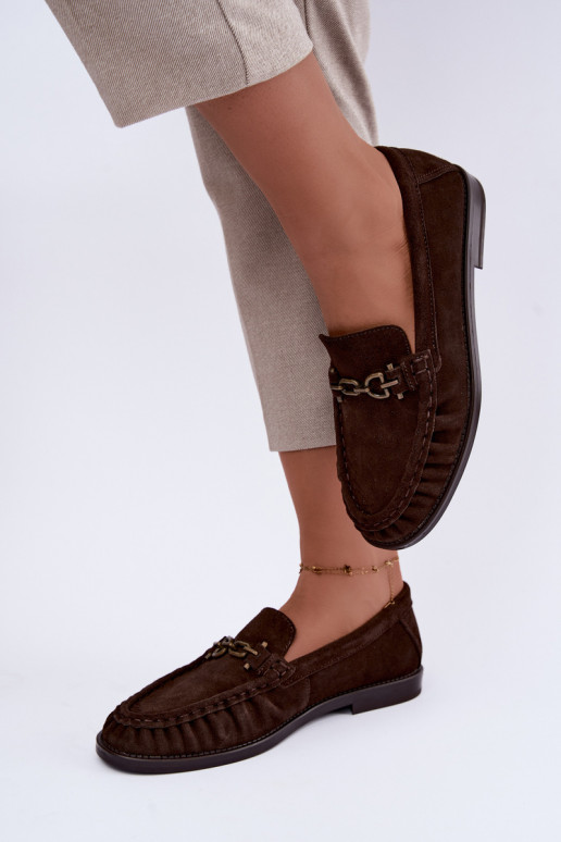 suede moccasins with ruffles and decoration Vinceza 31718 in chocolate color