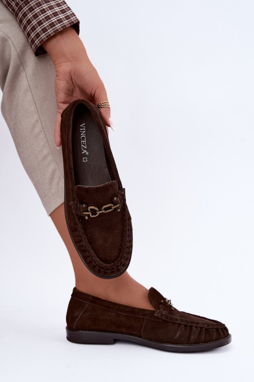 suede moccasins with ruffles and decoration Vinceza 31718 in chocolate color