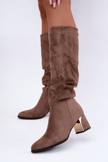 faux fur lined wrinkled long boots with heels in sand color Ivenna 2