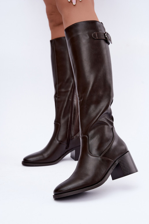 faux fur lined long boots with heels and buckles in chocolate color Lestine