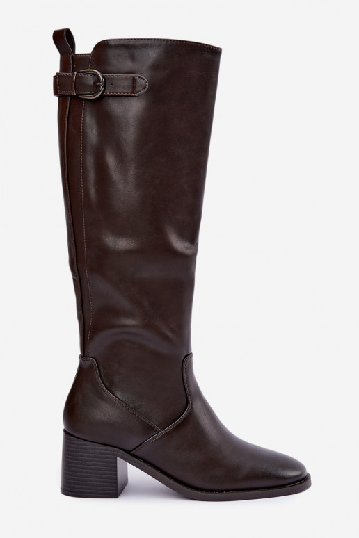 faux fur lined long boots with heels and buckles in chocolate color Lestine