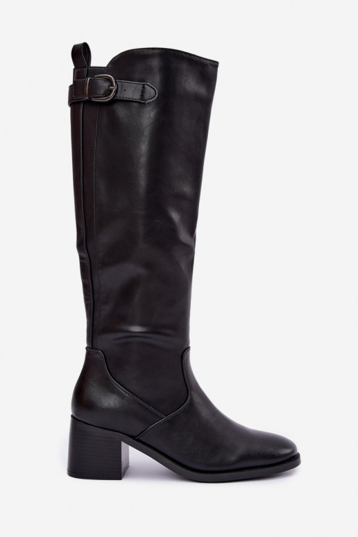 faux fur lined long boots with heels and buckles in black color Lestine