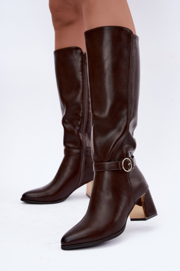 faux fur lined long boots with heels and decorated heels in chocolate color Senvia