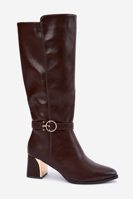 šilti ilgaauliai batai su kulniukais ir dekoruotais kulnais šokoladinės spalvos Senvia