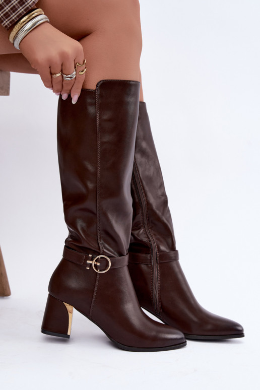 faux fur lined long boots with heels and decorated heels in chocolate color Senvia