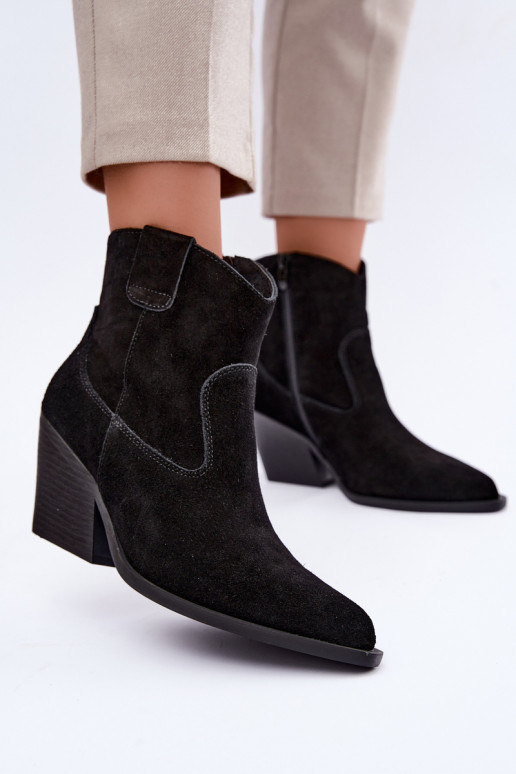faux fur lined suede cowboy style boots with heels in black color Tirabelle