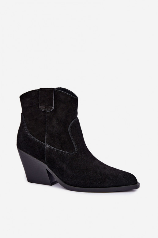faux fur lined suede cowboy style boots with heels in black color Tirabelle