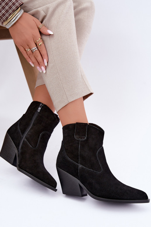 faux fur lined suede cowboy style boots with heels in black color Tirabelle