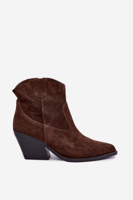 faux fur lined suede cowboy style boots with heels in brown color Tirabelle