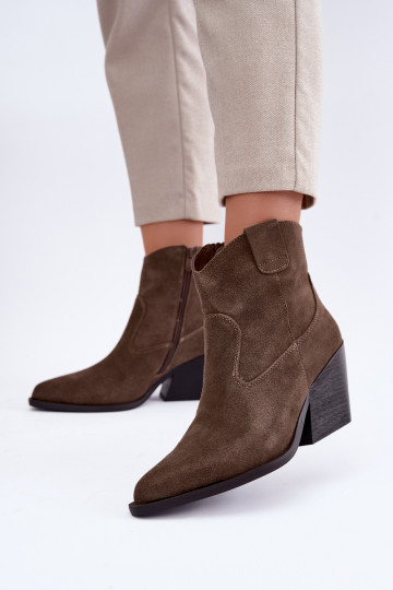 Khaki suede cowboy-style ankle boots with heels Tirabelle 2
