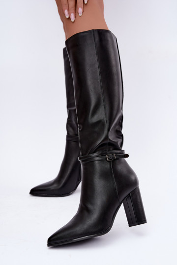 Black insulated knee-high boots with heels and straps Abriselle 2