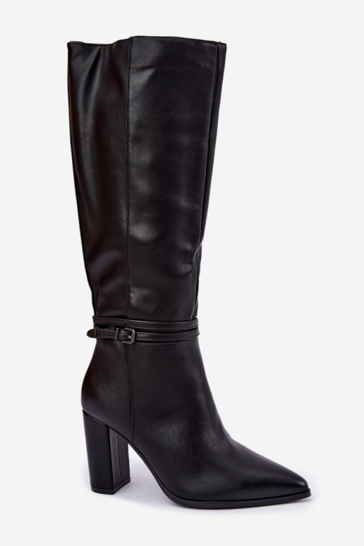 Black insulated knee-high boots with heels and straps Abriselle