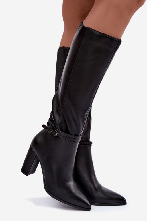 Black insulated knee-high boots with heels and straps Abriselle