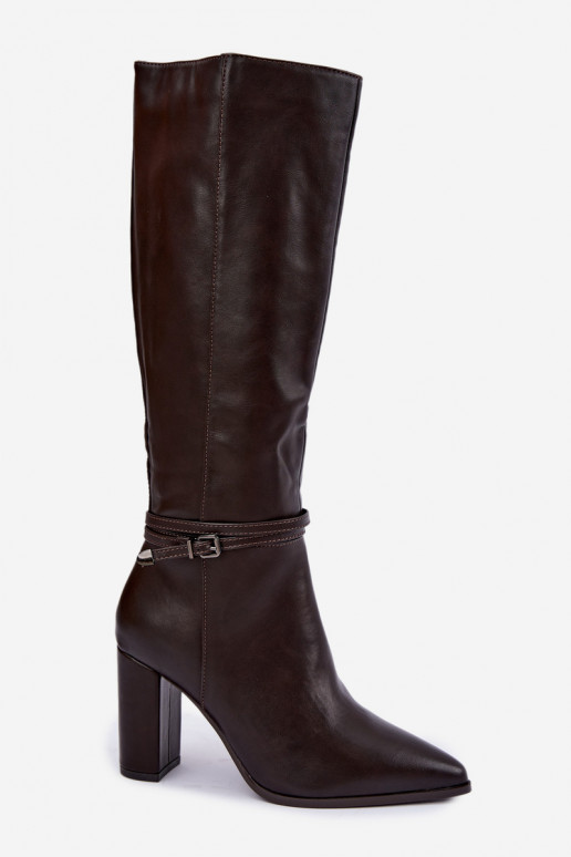 Insulated knee-high boots with heels and straps in chocolate color Abriselle