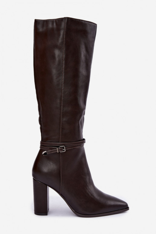 Insulated knee-high boots with heels and straps in chocolate color Abriselle