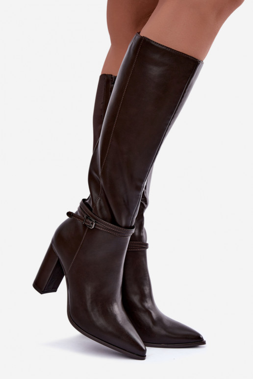 Insulated knee-high boots with heels and straps in chocolate color Abriselle