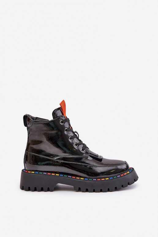 Leather ankle work boots with patent effect black Anafra