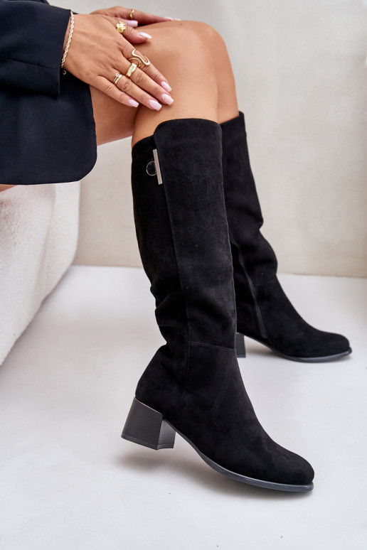 Knee-high boots with heels made of faux suede black Izanae