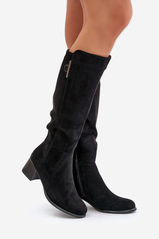 Knee-high boots with heels made of faux suede black Izanae