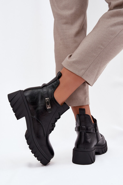 Low warm women's ankle boots with decorated heels black Therisse