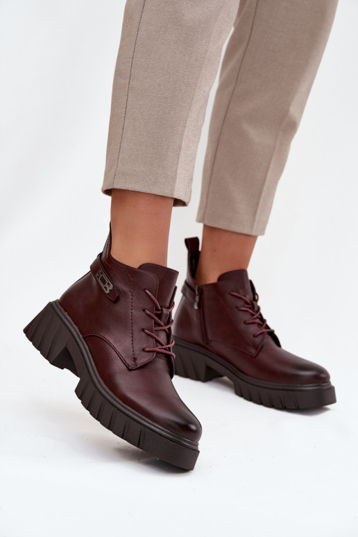 Low warm women's ankle boots with decorated heels burgundy Therisse