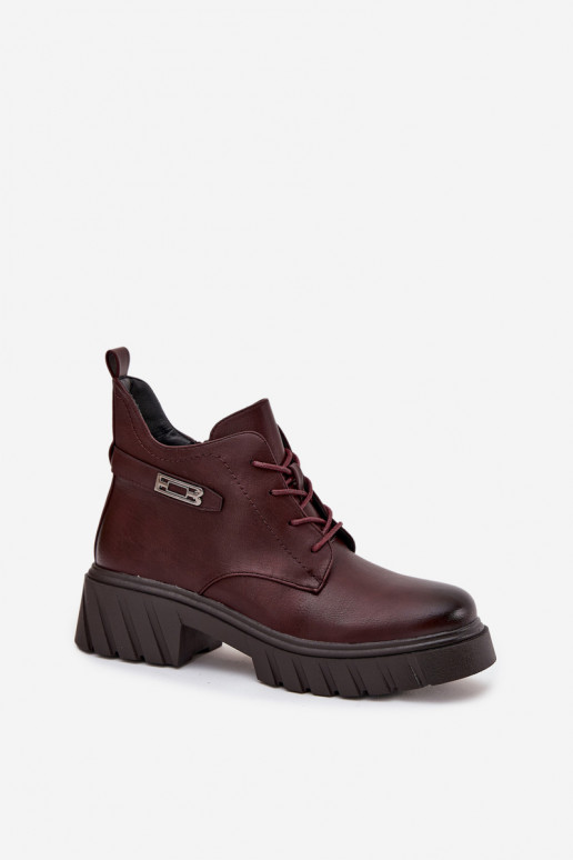 Low warm women's ankle boots with decorated heels burgundy Therisse
