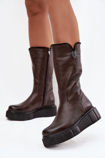 Leather women's knee-high boots with wool Zazoo 70121 chocolate