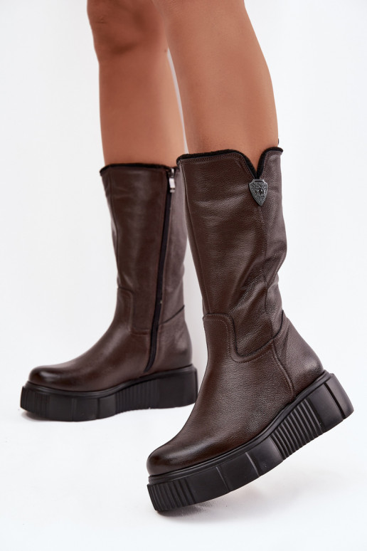 Leather women's knee-high boots with wool Zazoo 70121 chocolate