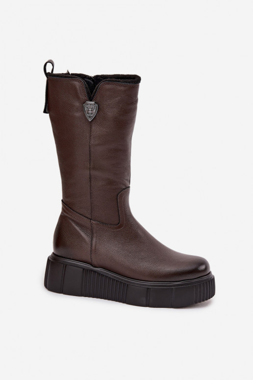 Leather women's knee-high boots with wool Zazoo 70121 chocolate