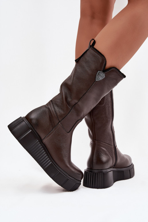 Leather women's knee-high boots with wool Zazoo 70121 chocolate